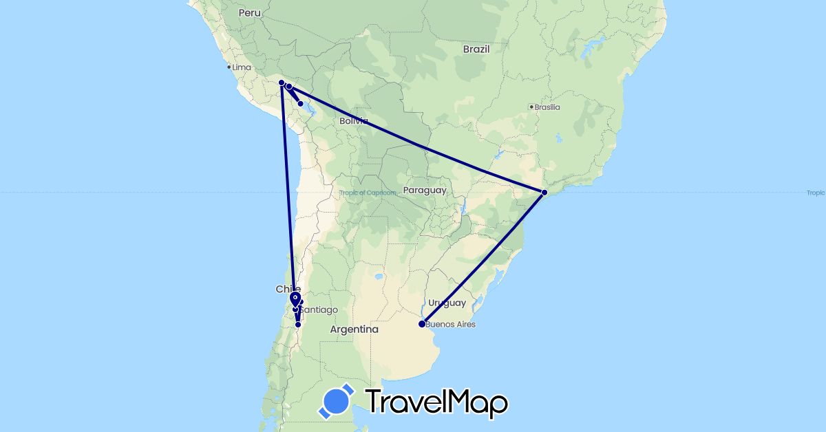 TravelMap itinerary: driving in Argentina, Brazil, Chile, Peru (South America)